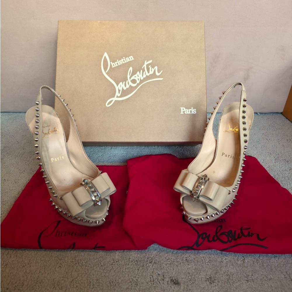 Christian Louboutin Cream Studded Peep-Toe Heels